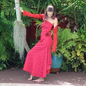 Long Strapless Dress w/Side Slit & Drape and coordinating Shrug